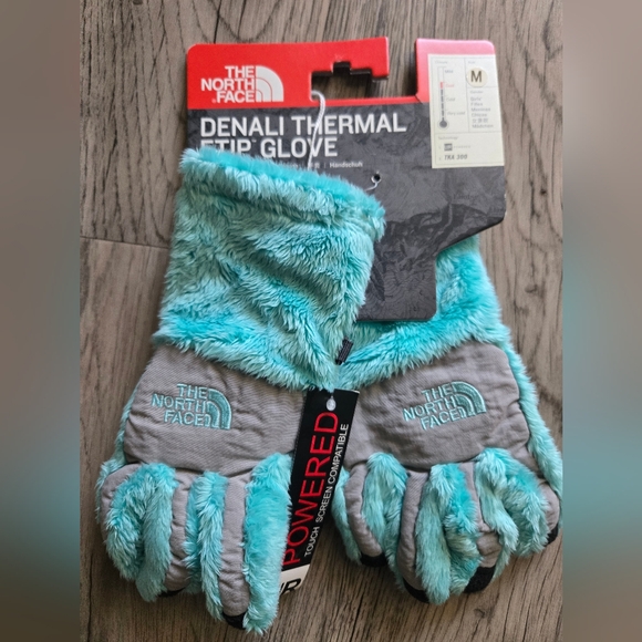 The North Face Denali Thermal Etip Turquoise and Gray Gloves Girls Youth Medium - Picture 1 of 3